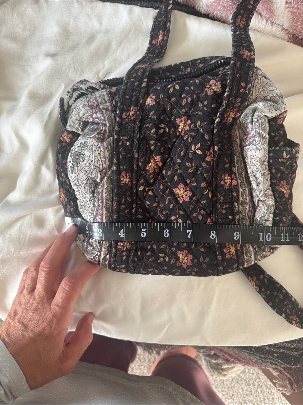Quilted Black Floral Tote Bag - Quilted Shoulder Bag - Picture 5 of 6